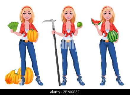 Happy smiling farm girl, set of three poses. Beautiful farmer woman cartoon character holding money, holding hoe and holding watermelon. Vector illust Stock Vector
