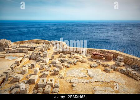 Some ruins at the Lindos acropolis on the Greek island of Rhodes. Stock Photo