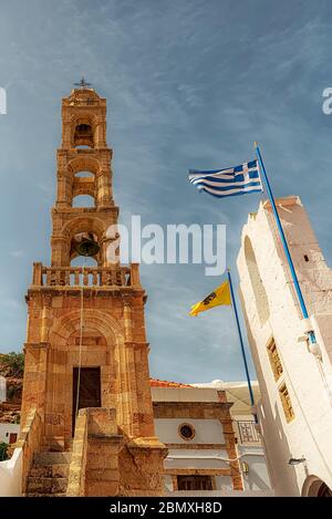 A couple of church belltowers in the village of lindos on the Greek island of Rhodes. Stock Photo
