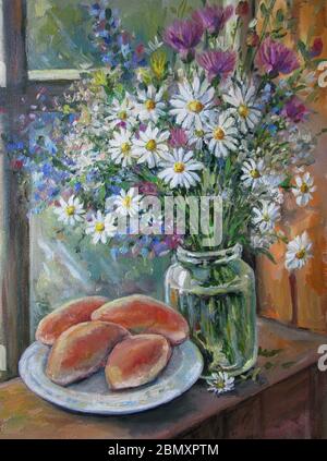 Bouquet of chamomiles with patties, oil painting Stock Photo