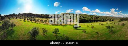 Wide aerial panorama view of a nice rural landscape with green meadows on hills, trees and a few houses, deep blue sky, the sun and white clouds Stock Photo