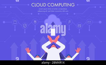 Concept cloud computing technology vector illustration with flat design people ,white outline icon and circuit pattern. Stock Vector