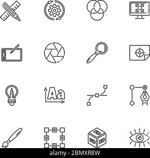 Graphic Design, Project outline icons set - Black symbol on white background. Graphic Design, Project Simple Illustration Symbol - lined simplicity Si Stock Vector