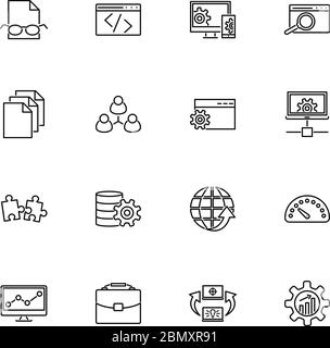 Web Development, Programming outline icons set - Black symbol on white background. Web Development Simple Illustration Symbol - lined simplicity Sign. Stock Vector