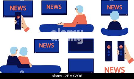 Set of vector isolated illustrations in flat style. Embracing senior couple sitting on couch, watching news at home. Elderly man, woman. Grandparents Stock Vector