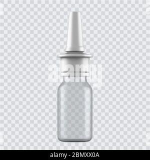 Realistic mock up glass bottles for drops and spray etc. 3d Plastic blank medical containers isolated on transparent background. Vector illustration Stock Vector