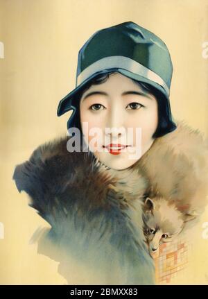 [ 1920s Japan - Illustration of Japanese Woman Wearing a Hat ] —   Beautiful Japanese woman wearing a fox fur stole. This artwork was used as a poster sample (ポスターの原画見本) during the Taisho Period (1912-1926).  20th century vintage poster. Stock Photo