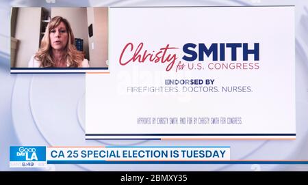 Los Angeles, California, USA. 11th May, 2020. A screen grab during 'Good Day LA' of CHRISTY SMITH, the Democratic candidate in tomorrow's CA-25 Congressional District special election. Smith is running to win the seat that opened when Representative Katie Hill resigned in October of 2019. Credit: Brian Cahn/ZUMA Wire/Alamy Live News Stock Photo