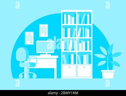 Illustration of a medical office with a computer desk and a bookcase. Stock Vector