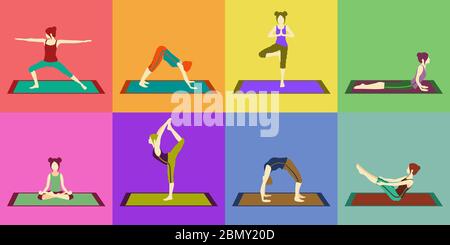 set or colorful pattern with eight faceless girls doing yoga asanas Stock Vector