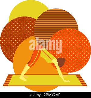 colorful illustration with cute faceless gril doing downward facing dog asana on orange background Stock Vector