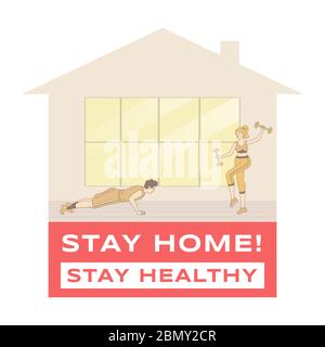 Stay home, stay healthy vector banner concept. Man and woman in self isolation doing fitness workout at home during outbreak of Coronavirus covid-19 vector cartoon outline illustration. Stock Vector