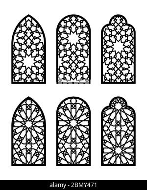 Islamic arch window or door set. Cnc pattern, laser cutting, vector template set for wall decor, hanging, stencil, engraving Stock Vector