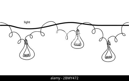 Lamps, bulb,festoon, garland, glowing light vector seamless border. One continuous line drawing lamp bulb garland for light shop banner, celebration Stock Vector