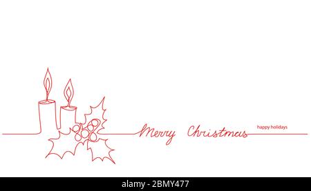 Christmas candles and holly berry simple red outlines and Merry Christmas text background. One continuous line vector drawing, banner, illustration Stock Vector