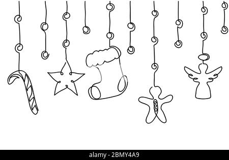 Xmas, Christmas decorative hanging border. Vector background, banner with candy cane, angel, star, sock, stock, gingerbread man. Xmas decor. Stock Vector