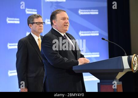 U.S. Secretary of State Michael R. Pompeo delivers closing remarks U.S. Secretary of State Michael R. Pompeo delivers closing remarks with Ambassador Brownback at the Ministerial to Advance Religious Freedom on July 26, 2018 at the U.S. Department of State, in Washington, D.C Stock Photo