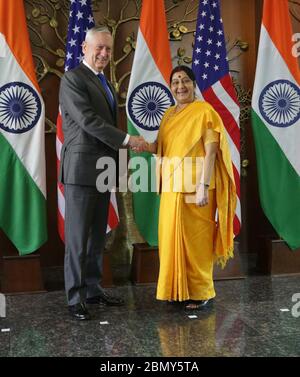 Secretary Mattis with Indian Minister of External Affairs Swaraj at the U.S.-India 2+2 Dialogue Secretary of Defense James Mattis meets with Indian Minister of External Affairs Sushma Swaraj at the U.S.-India 2+2 Dialogue in New Delhi, India, on September 6, 2018. Stock Photo