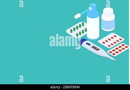 Pharmacy concept for web banner, landing page. Flat isometric vector illustration isolated on green background. Stock Vector