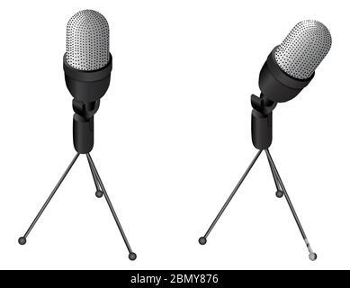 Table microphone on tripod. Vector icon isolated on white, realistic illustration, professional mic for recording audio podcast or music at home, audi Stock Vector