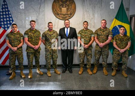 Secretary Pompeo Meets With Personnel and Families at U.S. Embassy Brasilia U.S. Secretary of State Michael R. Pompeo  meets with Marine Security Guards at U.S. Embassy Brasilia, in Brasilia, Brazil, January 2, 2019. Stock Photo