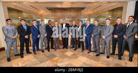 Secretary Pompeo Meets With Marine Security Guards U.S. Secretary of State Michael R. Pompeo meets with Marine Security Guards and a hotel manager, in Amman, Jordon, on January 8, 2019. Stock Photo