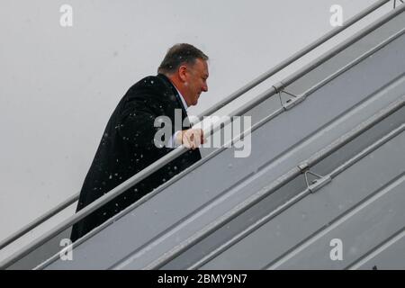 Secretary Pompeo Attends a Live-Fire Demonstration by eFP Battle Group NATO Troop U.S. Secretary of State Michael R. Pompeo departs hotel in Warsaw and flies to Szymany Airport, Szczytno to attend a Live-Fire Demonstration by eFP Battle Group NATO Troop. Stock Photo