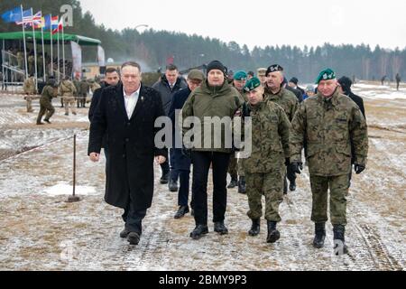 Secretary Pompeo Attends a Live-Fire Demonstration U.S. Secretary of State Michael R. Pompeo attends a Live-Fire Demonstration by eFP Battle Group NATO Troops on February 13, 2019. Stock Photo