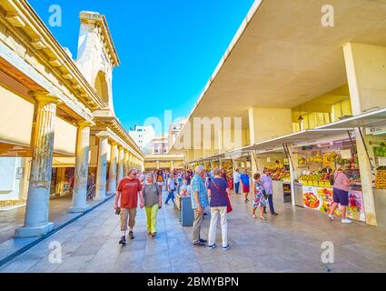 CADIZ, SPAIN - SEPTEMBER 24, 2019: The courtyard of Mercado Central de Abastos, the central market located in medieval building and boasts large varie Stock Photo
