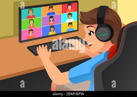 A vector illustration of Teenagers Meeting Online With His Friends Stock Vector