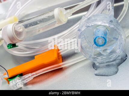 Detail of oxygen mask and water drops, conceptual image Stock Photo