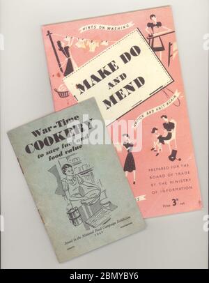Reproduction WW2 era Make do and Mend from the 1940's and war-time cookery leaflet dated 1940, U.K. Stock Photo