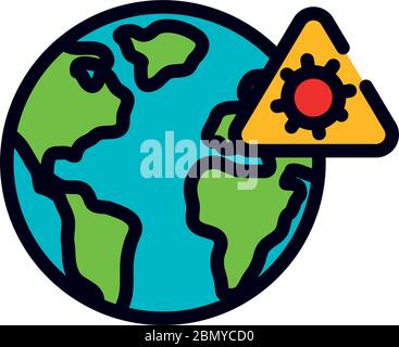 medicine concept, earth planet and warning virus sign over white background, line and fill style, vector illustration Stock Vector