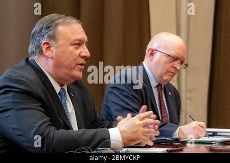 Secretary Pompeo Meets With Russian President Putin U.S. Secretary of State Michael R. Pompeo meets with Russian President Vladimir Putin in Sochi, Russia on May 14, 2019. Stock Photo