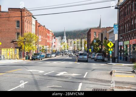 View of Main Street lined with Historic buildings in Montpelier, VT, on a sunny autumn morning Stock Photo