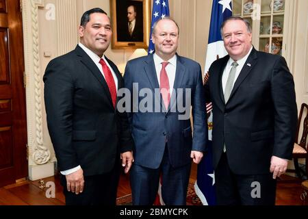Secretary Pompeo Swears in Brian Bulatao as the new Under Secretary of State for Management U.S. Secretary of State Michael R. Pompeo swears in Brian Bulatao as the new Under Secretary of State for Management at the U.S. Department of State in Washington, D.C., on May 17, 2019. Stock Photo