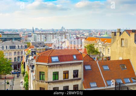 Aerial cityscape of Brussels old town in evening sunhine, rooftop view, Belgium Stock Photo