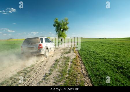 Car driving through a dusty dirt road, lonely tree and green fields, view on a sunny spring day Stock Photo