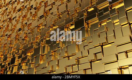 Golden cubes on a yellow background. 3d render Geometric concept with random extruded boxes. Motion design template. Futuristic background. Stock Photo