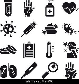 test tube and virus icon set over white background, silhouette style, vector illustration Stock Vector