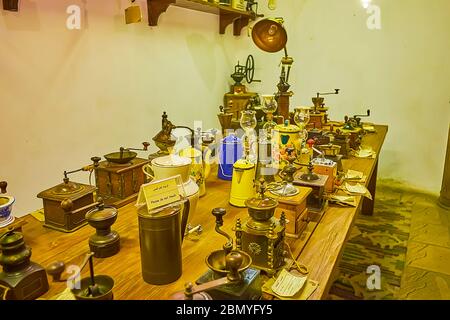 DUBAI, UAE - MARCH 2, 2020: The hall of Dubai Coffee Museum with many vintage coffee grinders, pots and kettles, on March 2 in Dubai Stock Photo