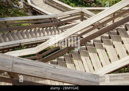 Detail of wooden stairs and handrails of the Paiva Walkways, near Arouca in Portugal. Stock Photo