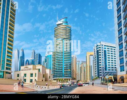 DUBAI, UAE - MARCH 2, 2020: Luxury living district of Dubai Marina is famous for the futuristic architecture of its skyscrapers, lots of cafes, restau