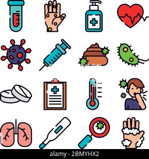 test tube and virus icon set over white background, line and fill style, vector illustration Stock Vector