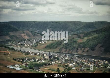 mosel valley with vineyards and floodgate in germany Stock Photo
