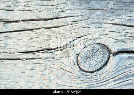 Particle of whitewashed pine wall of house with knot and cracked closeup. Texture, background Stock Photo