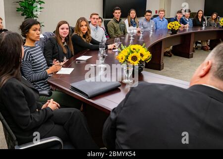 Secretary Pompeo Meets With Students at Wichita State University Secretary of State Michael R. Pompeo meets with students at Wichita State University in Wichita, Kansas, on October 25, 2019. Stock Photo