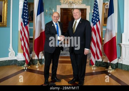 Secretary Pompeo Meets with French Foreign Minister Le Drian Secretary of State Michael R. Pompeo meets with French Foreign Minister Jean-Yves Le Drian, at the Department of State in Washington D.C. on November 14, 2019. Stock Photo