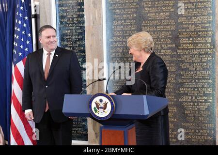 AFSA President Ambassador Stephenson Introduces Secretary Pompeo to Give Remarks at AFSA Memorial Plaque Ceremony American Foreign Service Association (AFSA) President Ambassador Barbara Stephenson introduces U.S. Secretary of State Mike Pompeo to deliver remarks at the AFSA Memorial Plaque Ceremony at the U.S. Department of State in Washington, D.C., on May 4, 2018. The Ceremony honors those who have lost their lives while serving overseas due to circumstances distinctive to the Foreign Service, including acts of violence or terrorism. Stock Photo