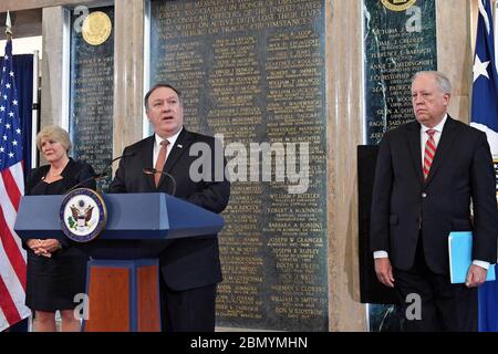 Secretary Pompeo Gives Remarks at AFSA Memorial Plaque Ceremony With American Foreign Service Association (AFSA) President Ambassador Barbara Stephenson and U.S. Under Secretary Tom Shannon looking on, U.S. Secretary of State Mike Pompeo delivers remarks at the AFSA Memorial Plaque Ceremony at the U.S. Department of State in Washington, D.C., on May 4, 2018. Stock Photo